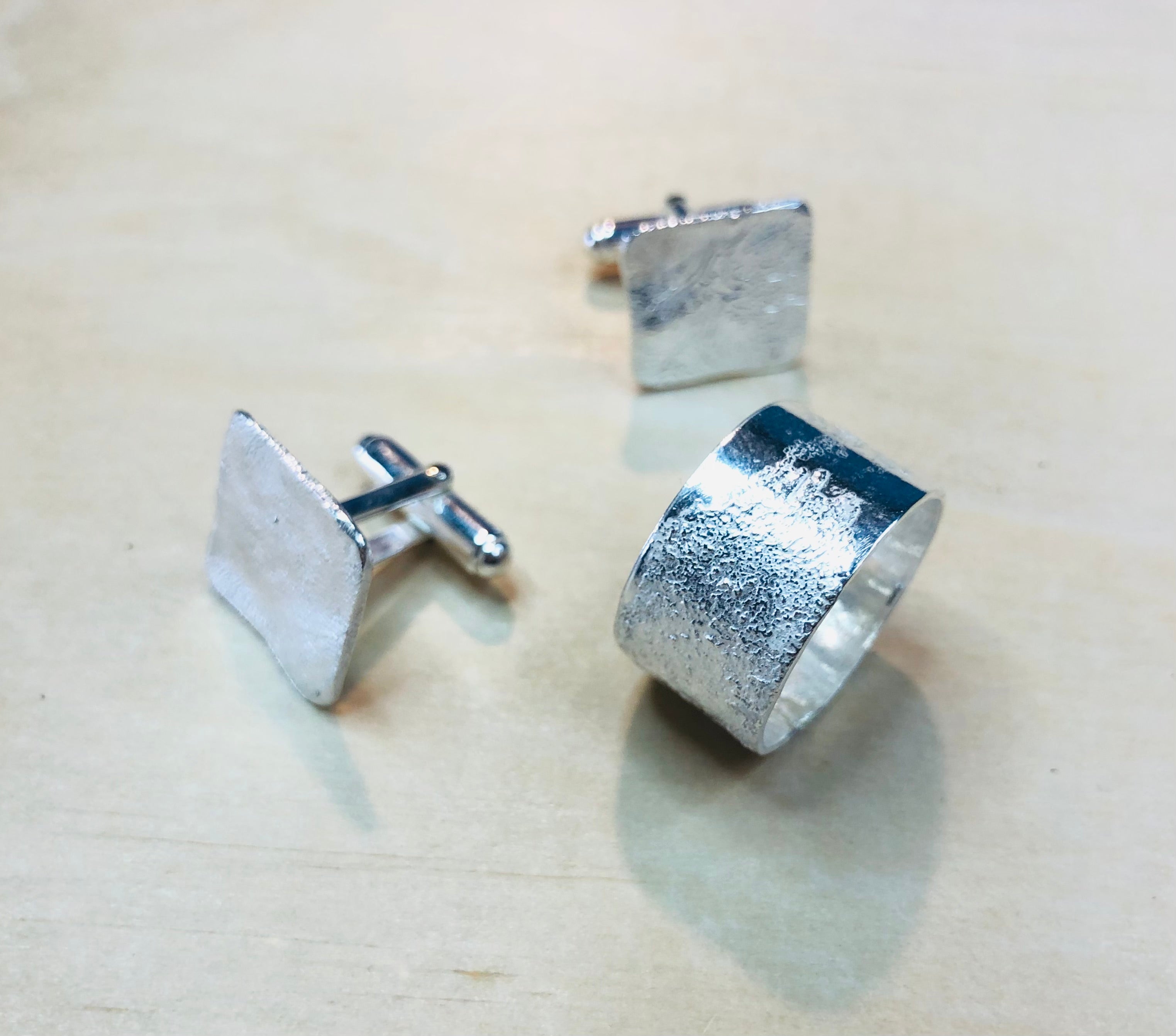 Textured cufflinks and ring