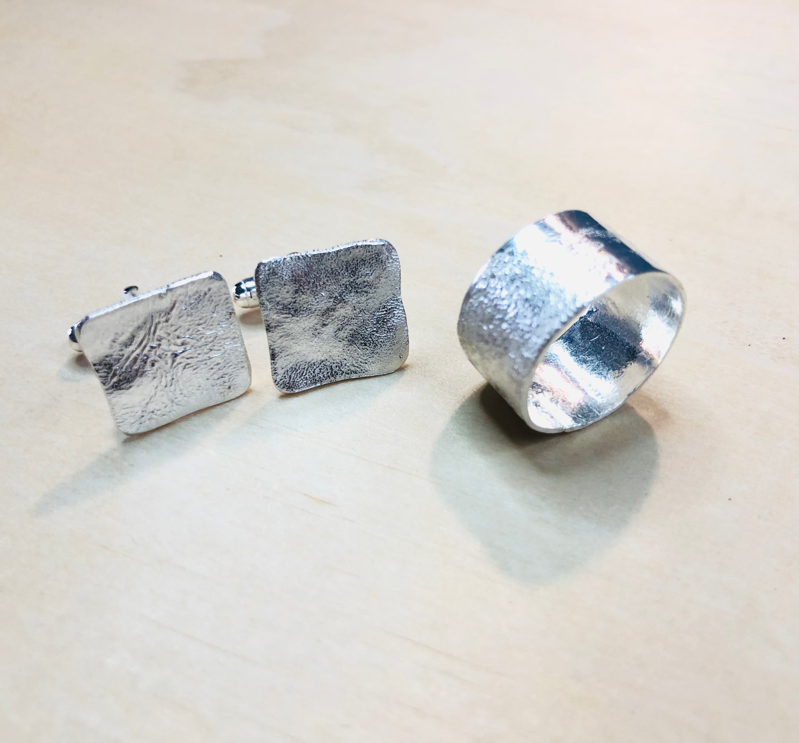 Textured cufflinks and ring