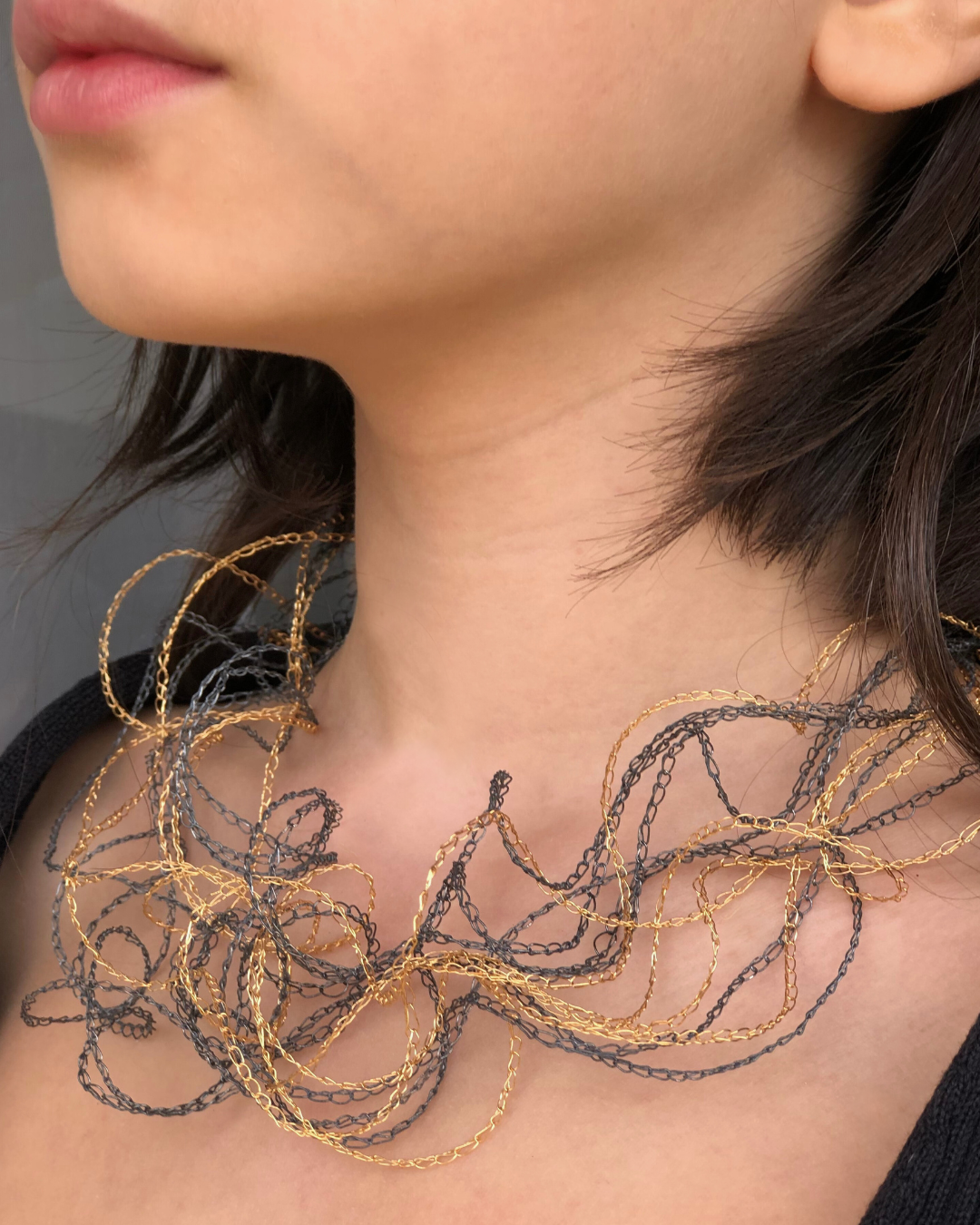 Delicate Hand-Crocheted Gold and Oxidised Silver Glamorous Necklace