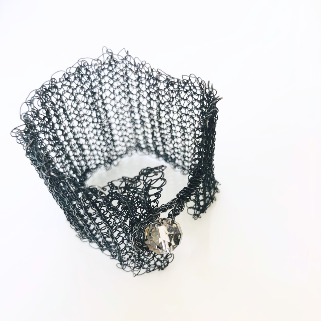 Oxidised Silver Hand-Crocheted Bracelet with Swarovski Bead – Unique and Elegant