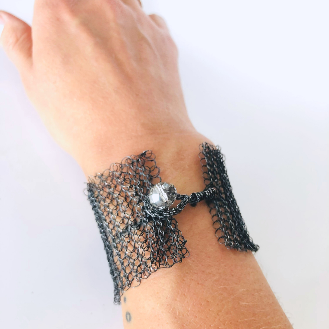 Oxidised Silver Hand-Crocheted Bracelet with Swarovski Bead – Unique and Elegant