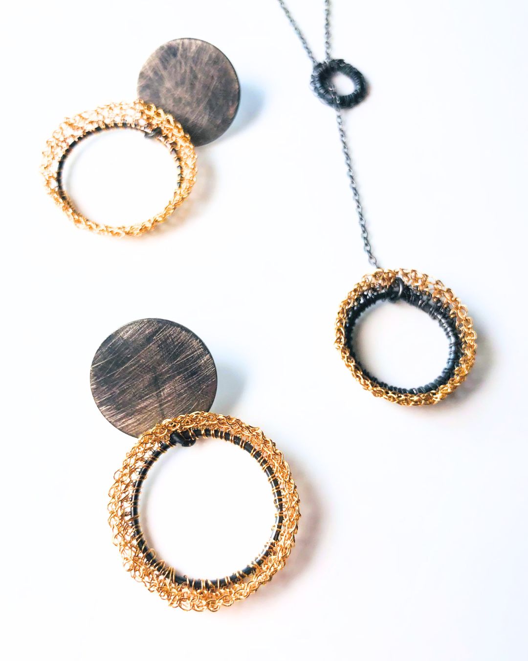 Disc Drop Earrings with Crocheted Wire