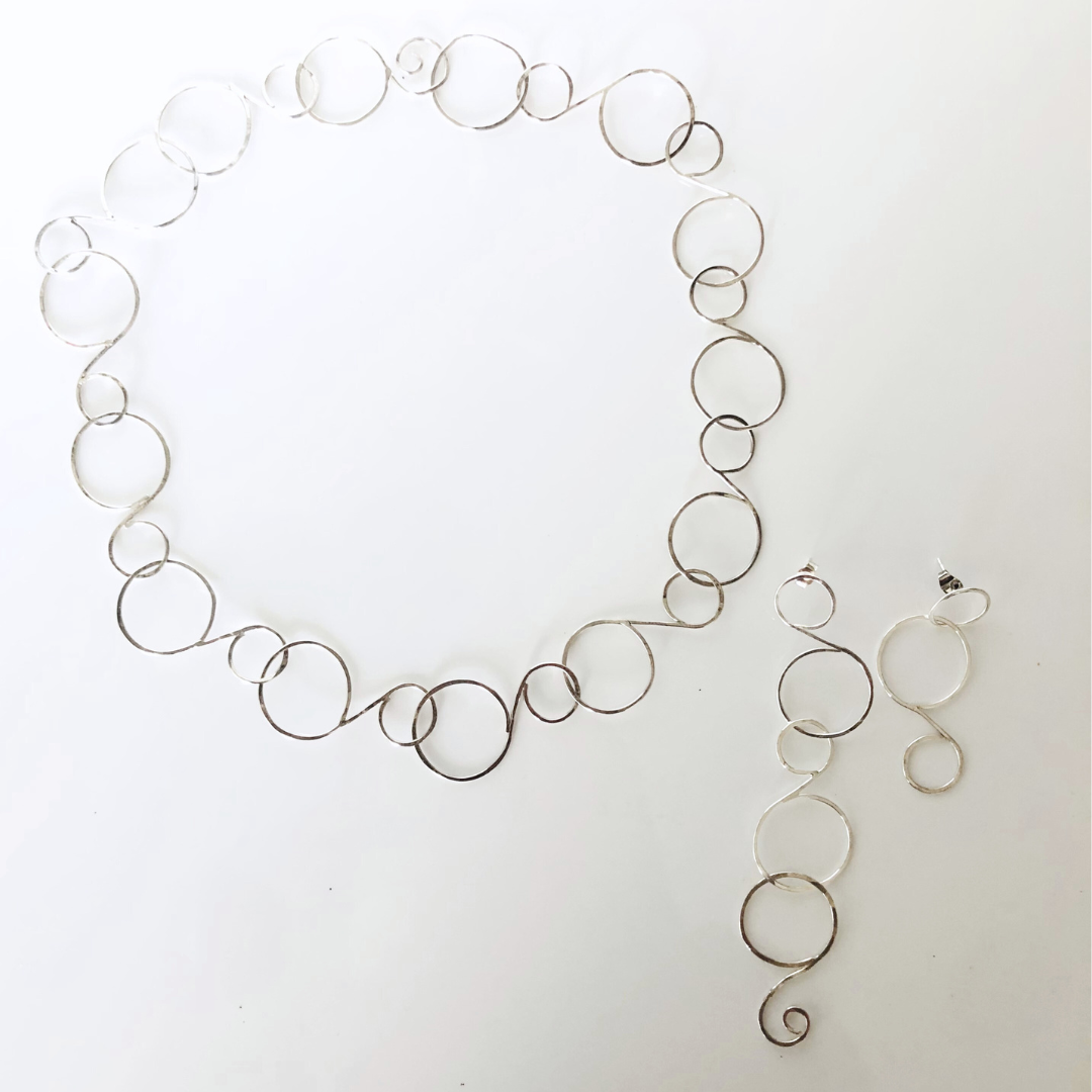 Handcrafted Silver Curly Necklace and Mismatched Drop Earrings Set
