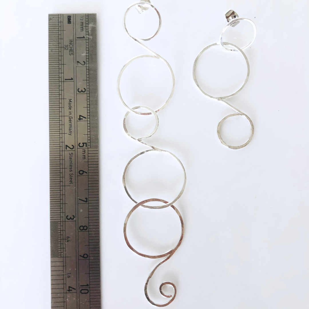 Handcrafted Silver Curly Necklace and Mismatched Drop Earrings Set