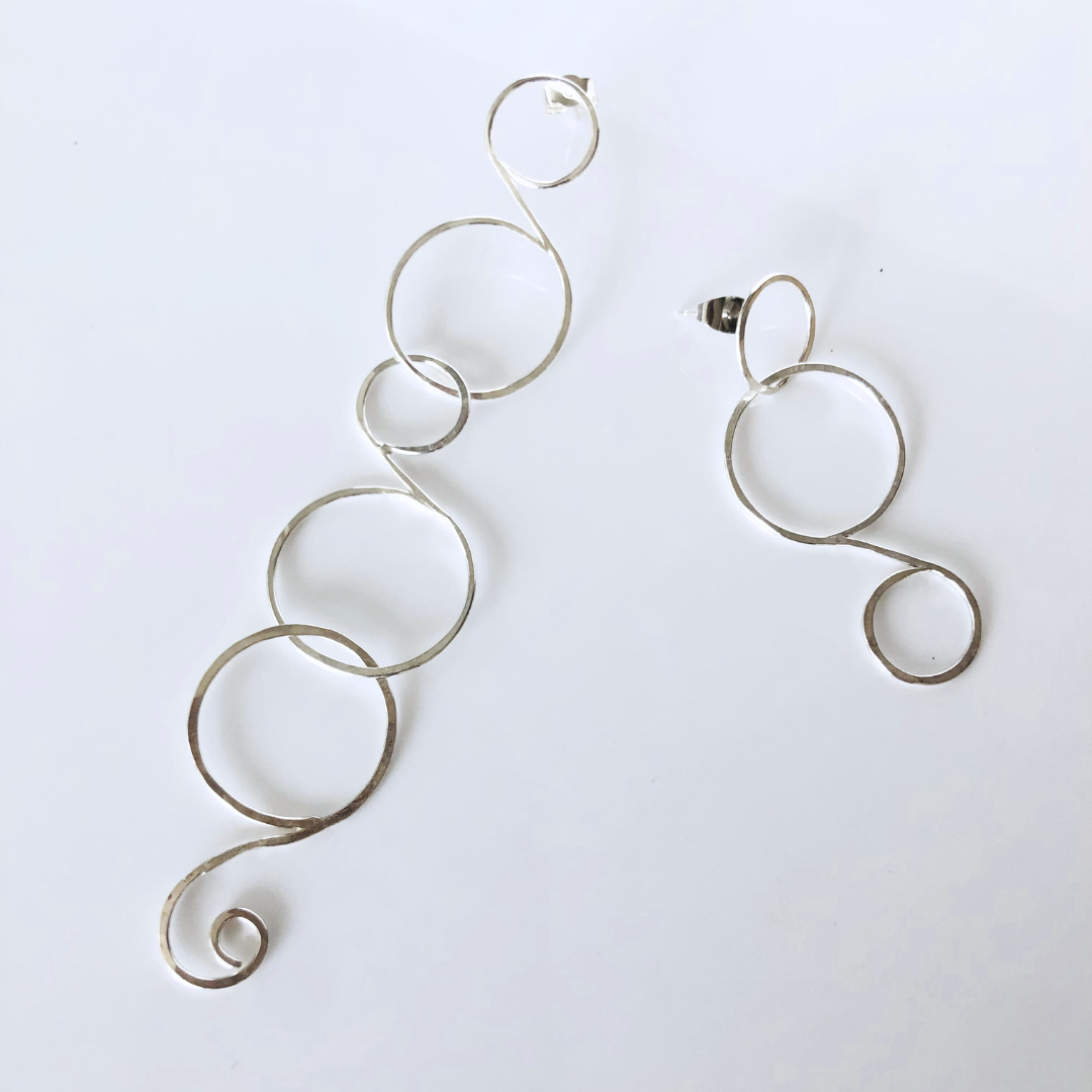 Handcrafted Silver Curly Necklace and Mismatched Drop Earrings Set