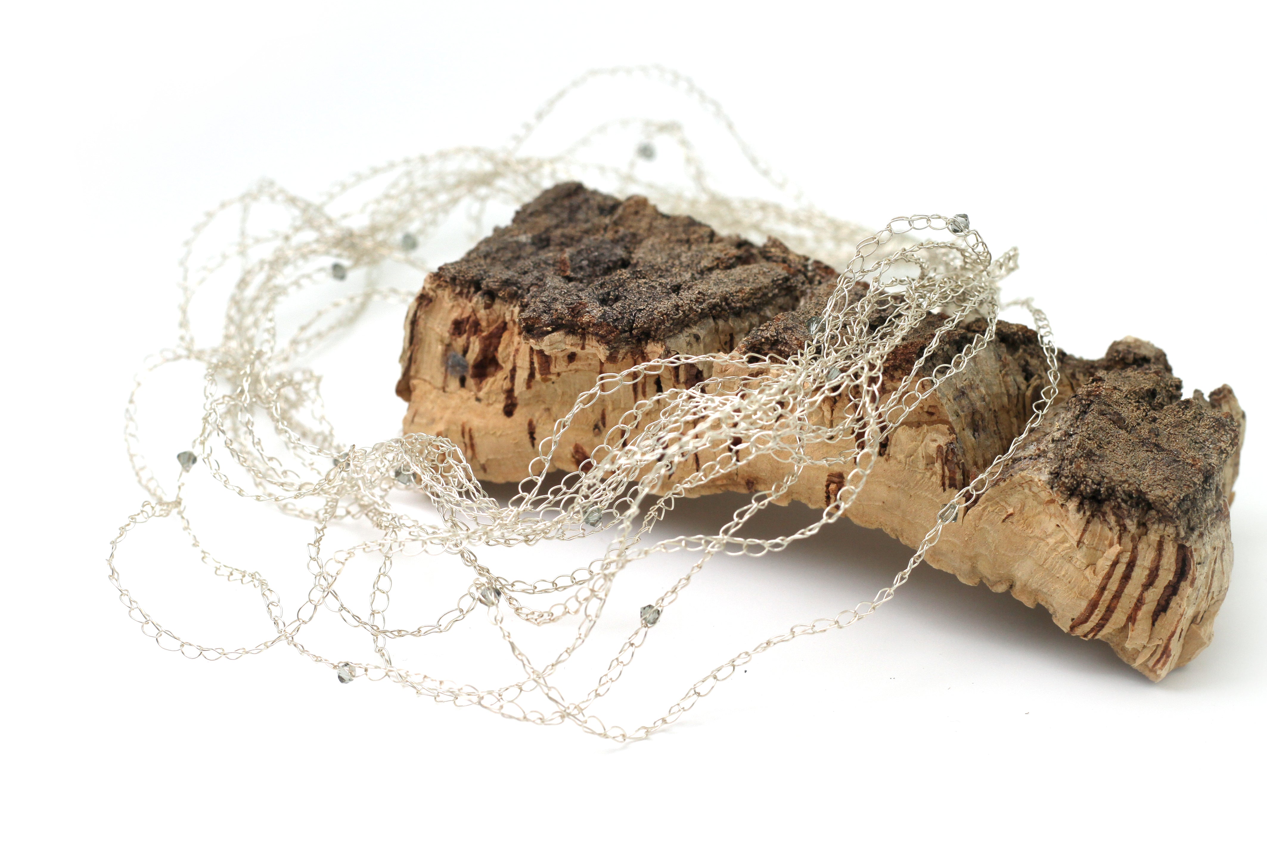 Hand-Crocheted Silver Chain Necklace with Crystals