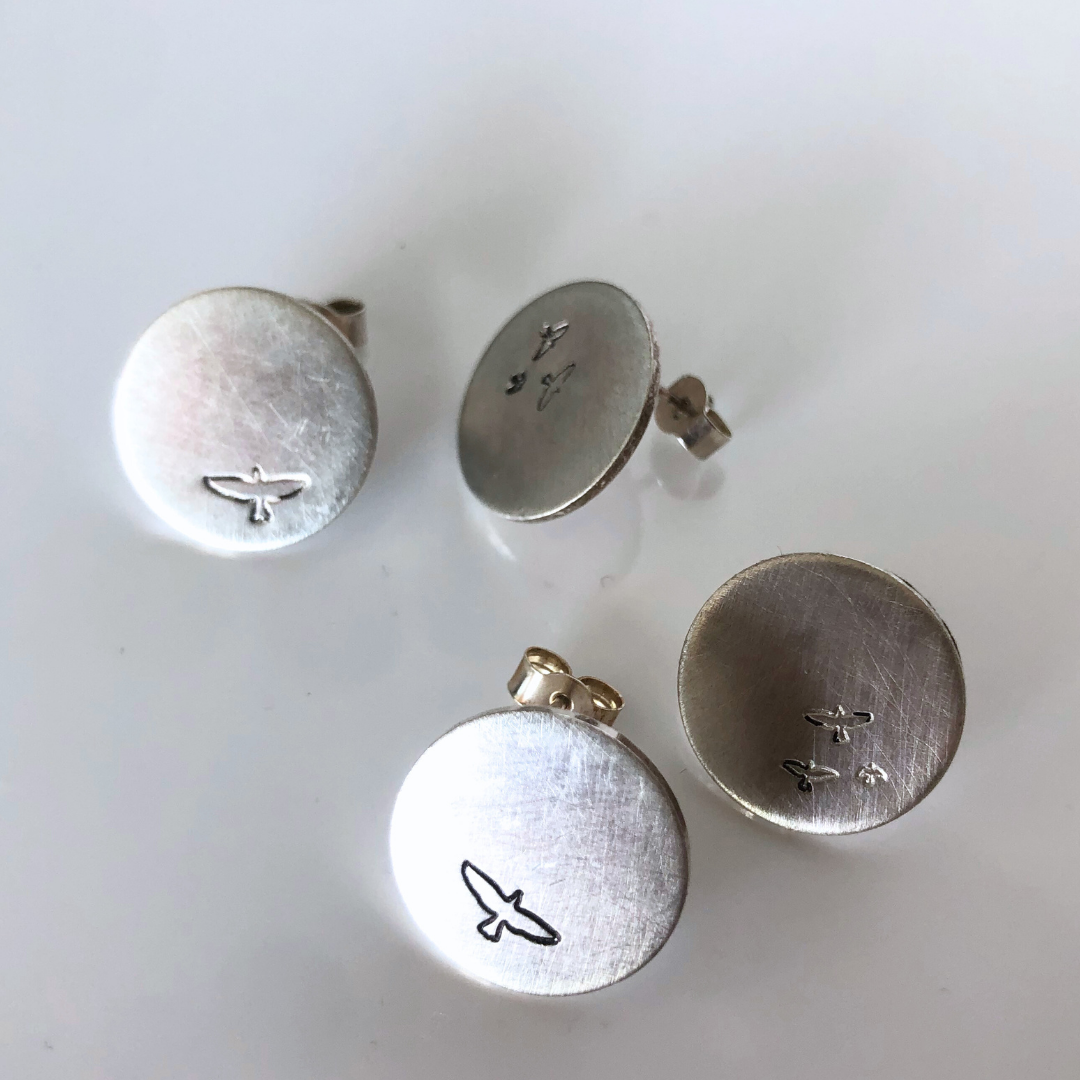 Mismatched Silver Disc Studs – Hand-Stamped with Birds