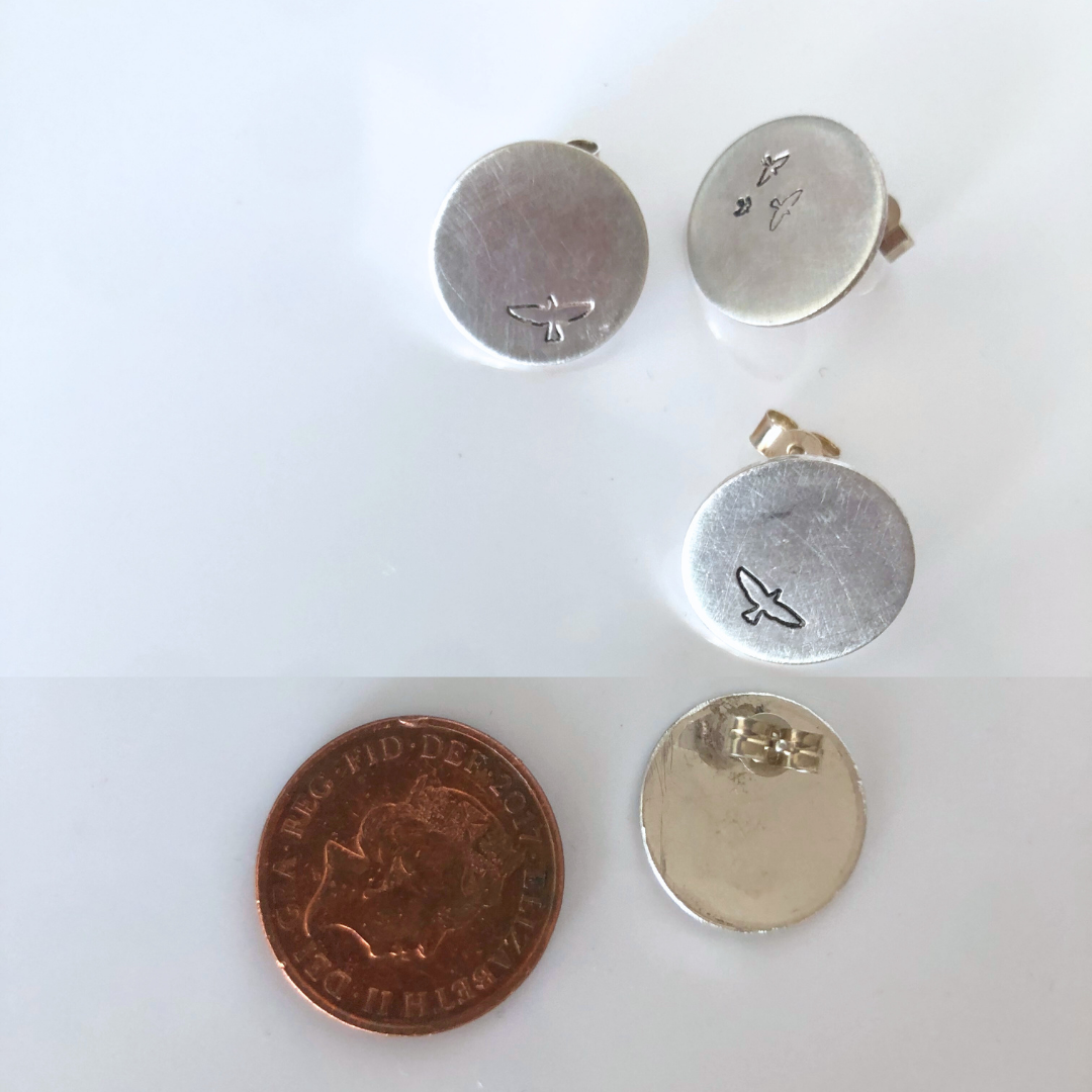 Mismatched Silver Disc Studs – Hand-Stamped with Birds
