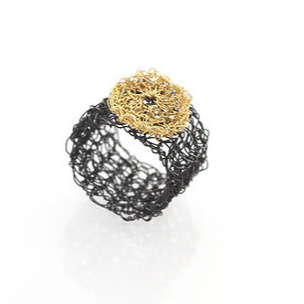 Crocheted Oxidized Ring with Gold