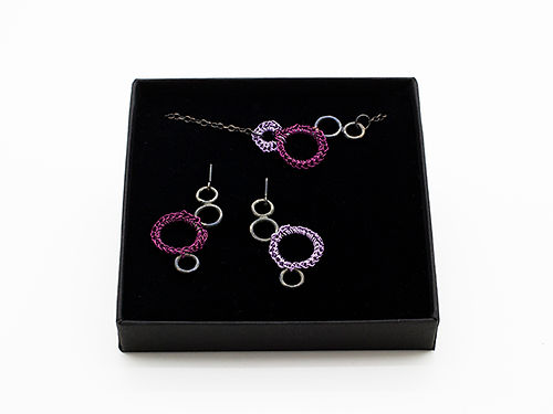 Handcrocheted Purple Wire Jewellery Set – Oxidized Silver Earrings & Necklace