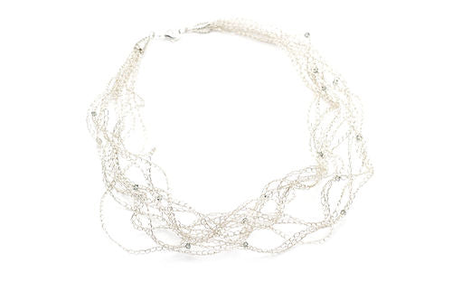 Silver Crocheted Statement Necklace with Crystals