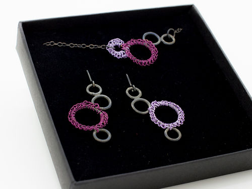 Handcrocheted Purple Wire Jewellery Set – Oxidized Silver Earrings & Necklace