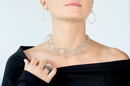 Silver Crocheted Statement Necklace with Crystals