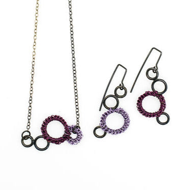 Handcrocheted Purple Wire Jewellery Set – Oxidized Silver Earrings & Necklace