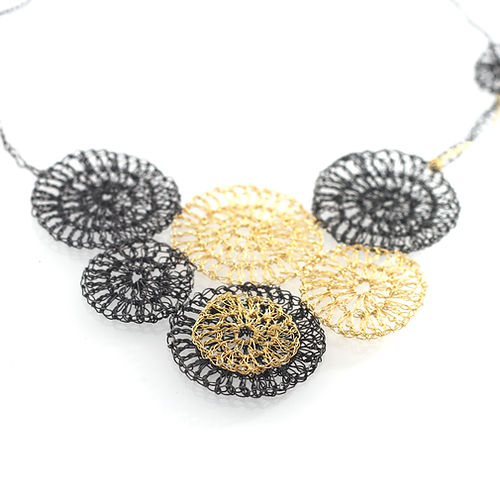 Hand-Crocheted Statement Necklace – Oxidised Silver & Gold Plated Circles