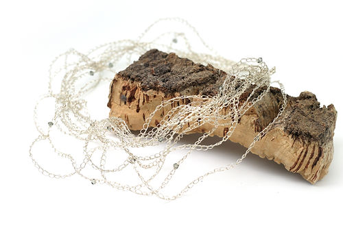 Silver Crocheted Statement Necklace with Crystals