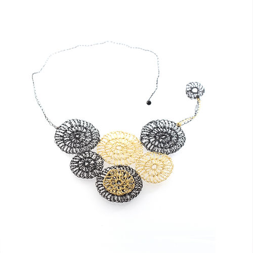 Hand-Crocheted Statement Necklace – Oxidised Silver & Gold Plated Circles