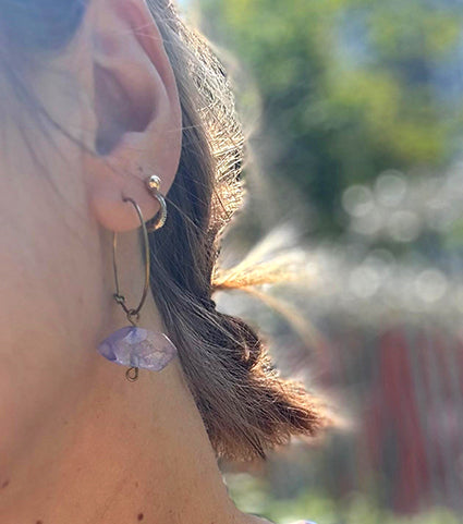 Brass Hoops with Raw Quartz Beads