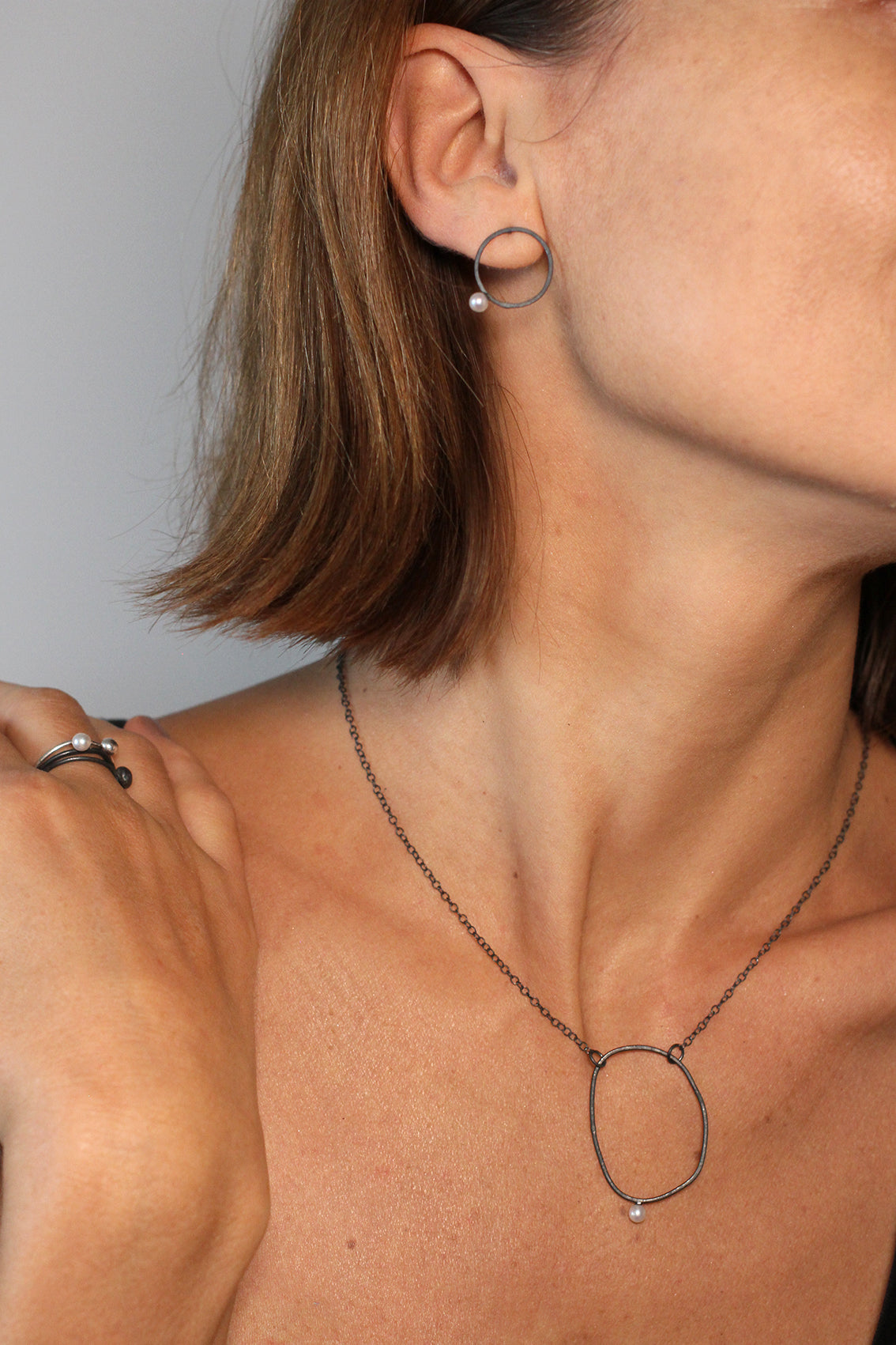 Round Oxidised Silver Pearl Earrings